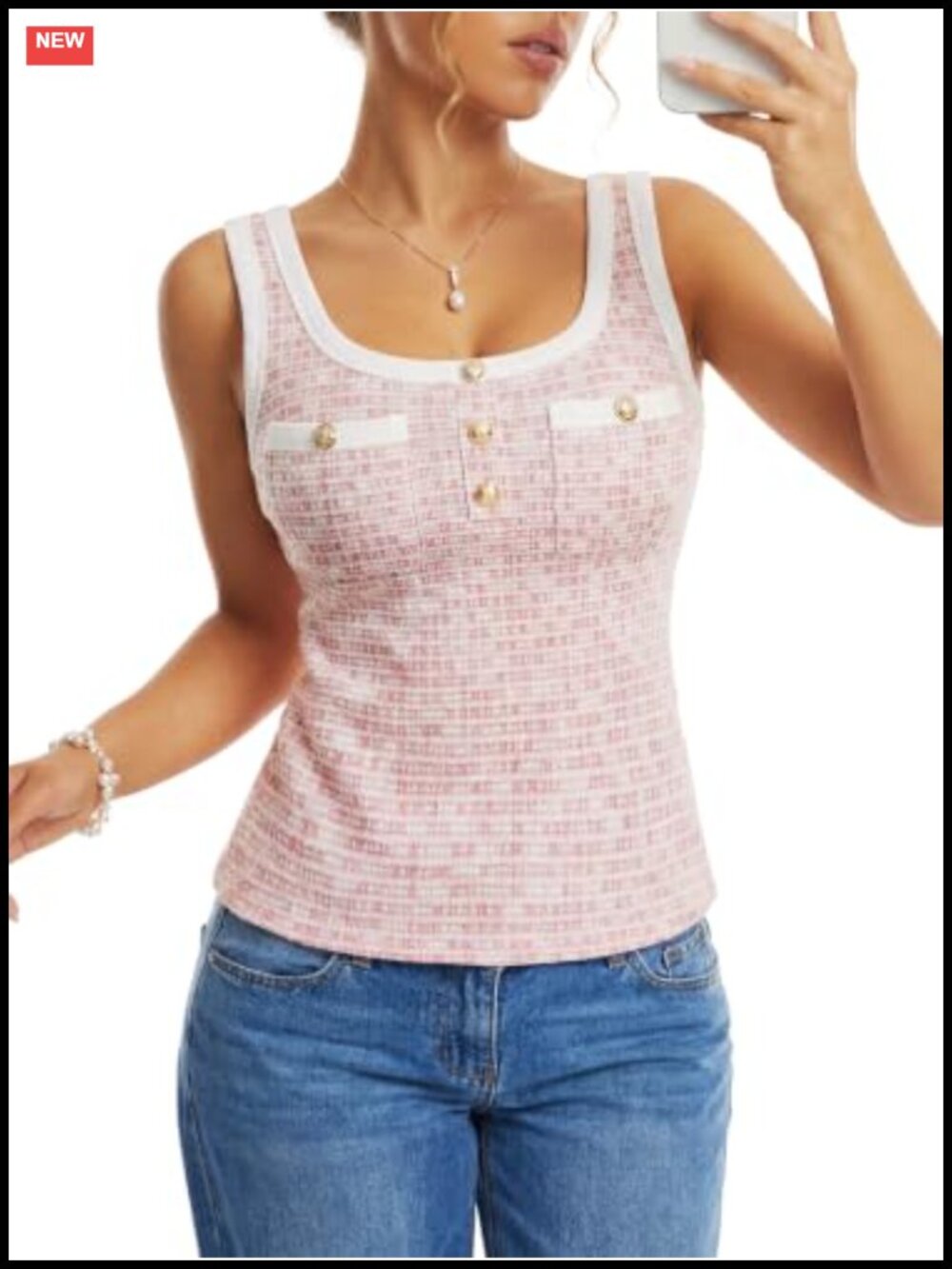 Tweed Sleeveless Dressy Tank Top Square Neck Gold Buttons
